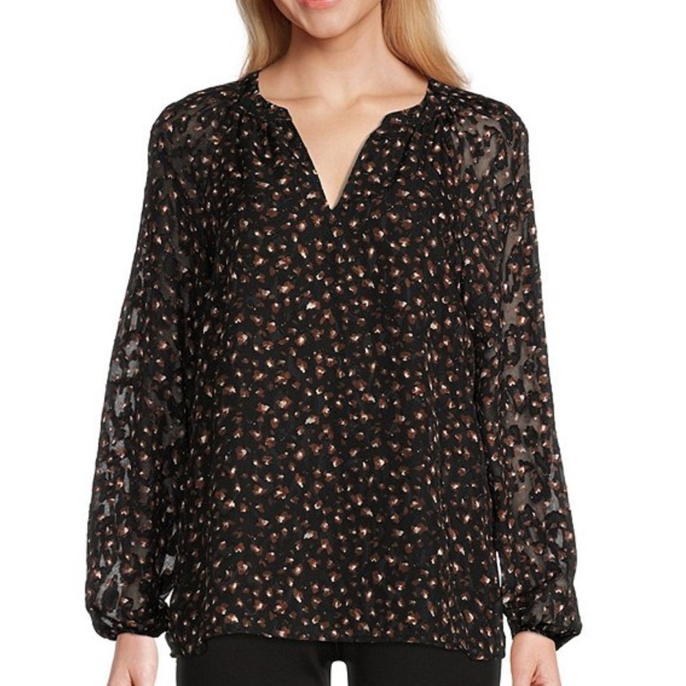 Kasper Women’s‎ Black and Brown Floral Patterned V Neck Blouse